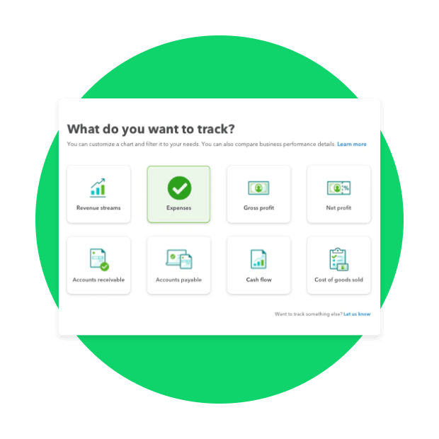 A visual menu inside QuickBooks prompts the user to select the item they’d like to track, such as Expenses, Gross profit, or Cost of goods sold.